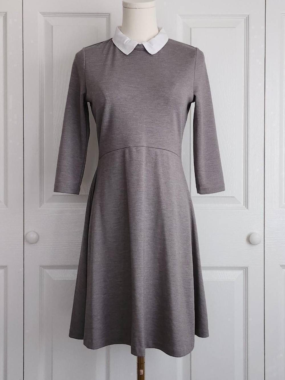 French Connection Grey Fit-and-Flare Dress with White Peter Pan Collar